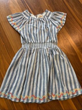 Peek Blue & White Striped Dress with Multicolor Trim